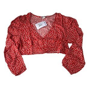 MONKI Women’s Cropped Blouse Bright Orange White Flowers Size EUR 48 NWT